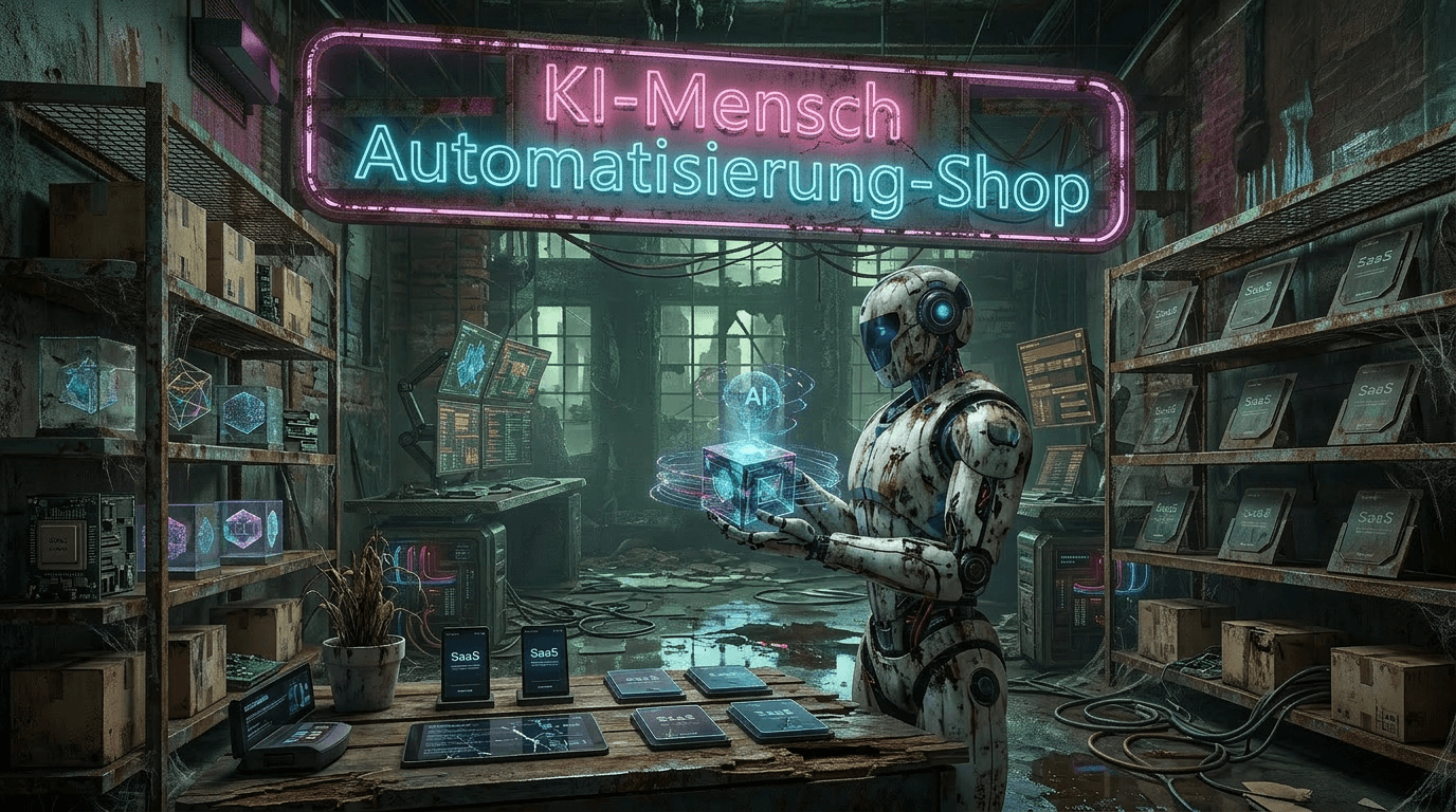 Illustration: KI-Mensch Automatisierung-Shop — Roboter an der Theke, Neon-Schrift und digitale Produkte in einer futuristischen Werkstatt.